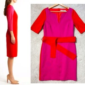 Trina Turk Shift Dress Classic Styling Orange Pink Colorblock 3/4 Sleeve Belted